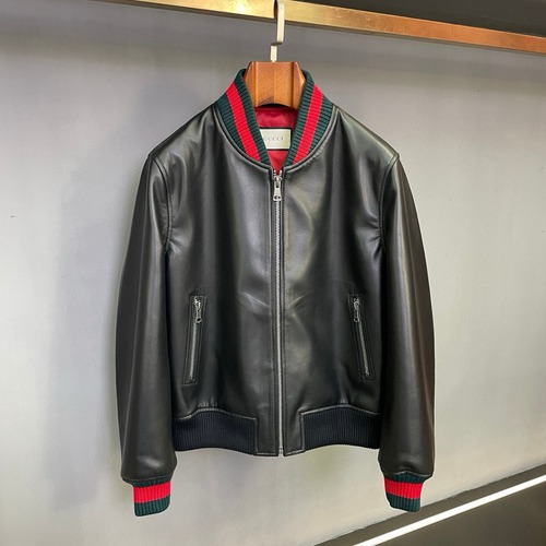Gucci Men's Web-Trim Lambskin Leather Bomber Jacket 구찌 남성 웹 트림 램스킨 레더 봄버 재킷