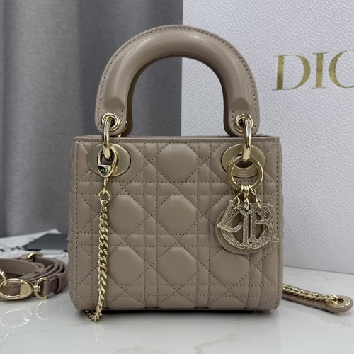 Christian Dior Lady Dior Mini Lambskin M0505 디올 레이디 디올 미니 램스킨 토트백 카키브라운 금장 17cm