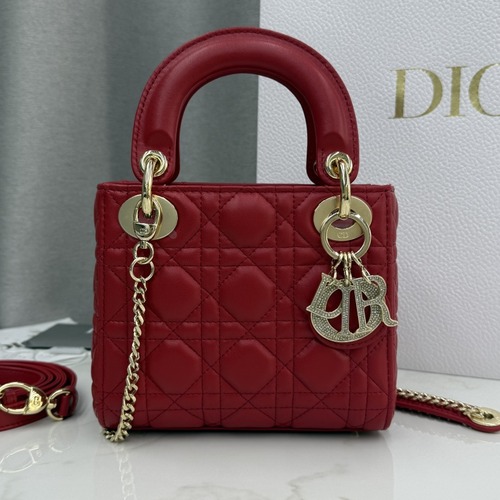 Christian Dior Lady Dior Mini Lambskin M0505 디올 레이디 디올 미니 램스킨 토트백 로즈레드 금장 17cm
