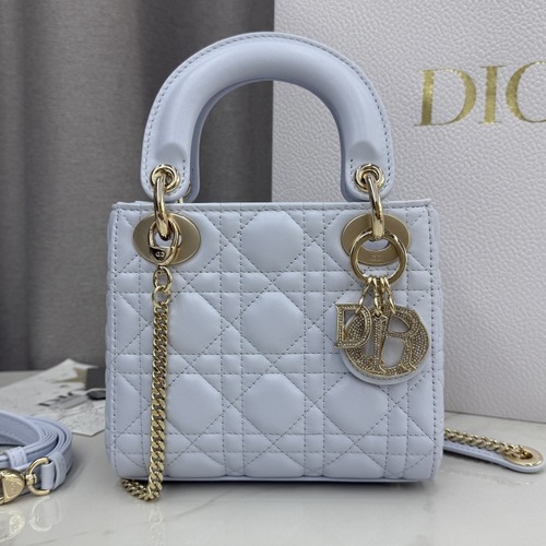 Christian Dior Lady Dior Mini Lambskin M0505 디올 레이디 디올 미니 램스킨 토트백 스카이블루 금장 17cm