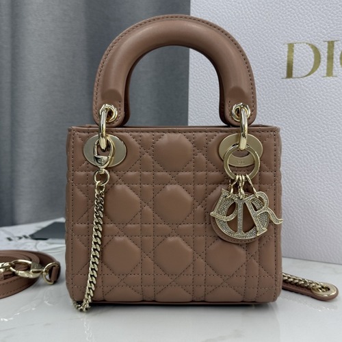 Christian Dior Lady Dior Mini Lambskin M0505 디올 레이디 디올 미니 램스킨 토트백 브라운 금장 17cm