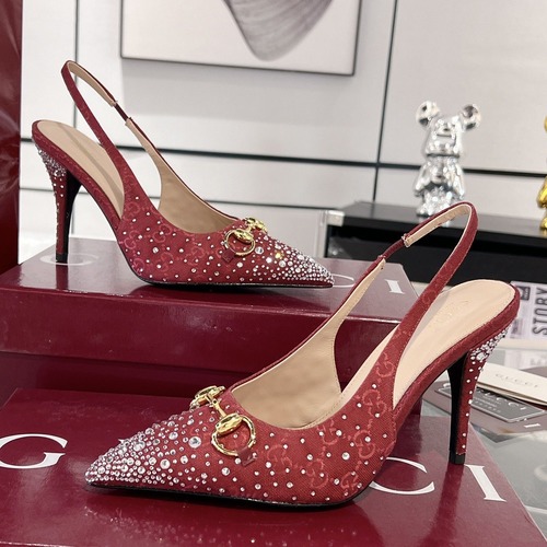 Gucci GG Crystal Slingback Pumps 구찌 GG 크리스탈 슬링백 펌프스 버건디 굽높 10cm