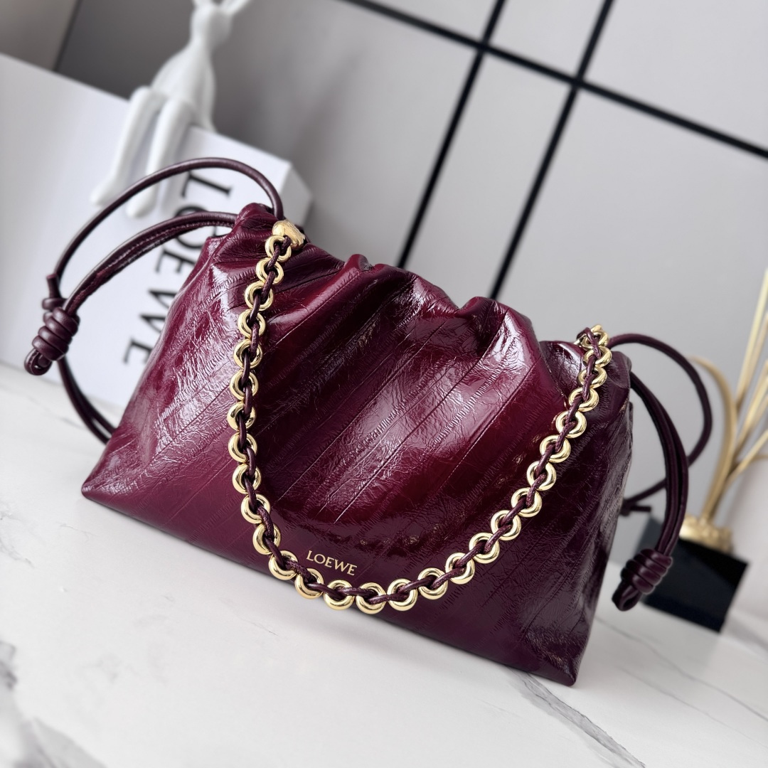 Loewe Flamenco Purse Crocodile Embossed  로에베 플라멩코 퍼스 크로커 엠보스드 레더 체인백 버건디 30cm