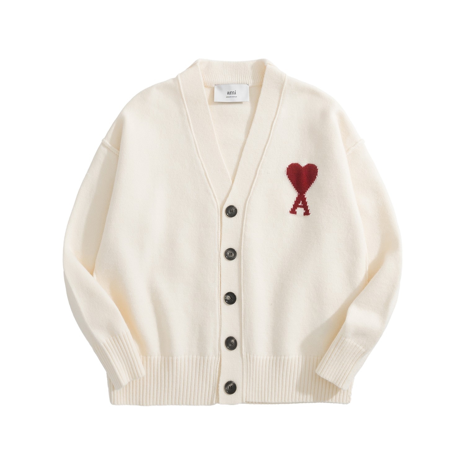 AMI Paris Heart Jacquard Merino Wool Cardigan Ivory Red 아미 파리 하트 자카드 메리노 울 가디건 아이보리 레드 6
