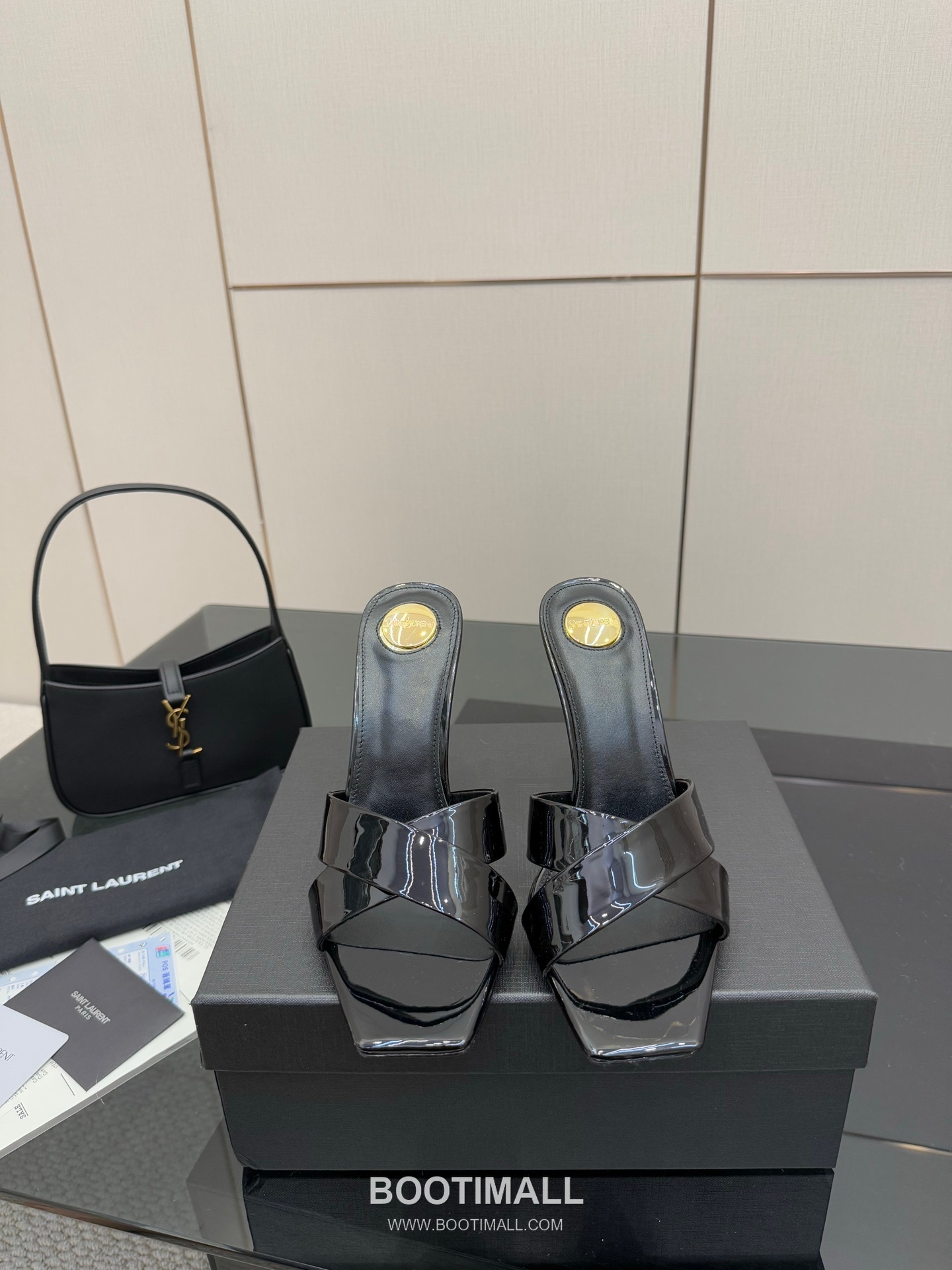 Saint Laurent YSL Logo Metallic Heel Silk Patent Leather Mule Sandals 생로랑 YSL 로고 메탈릭 힐 실크 페이턴트 레더 뮬 샌들 1