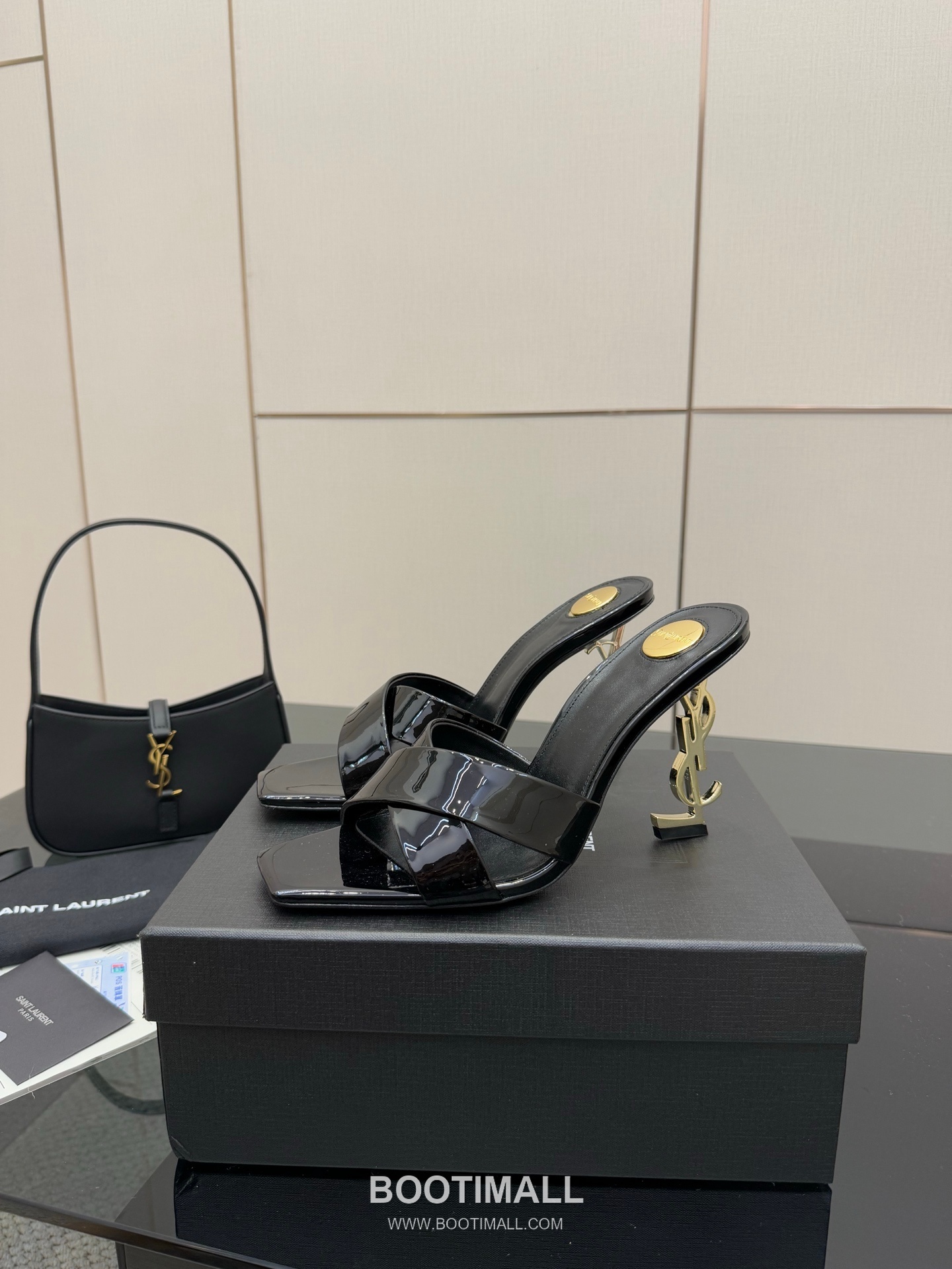Saint Laurent YSL Logo Metallic Heel Silk Patent Leather Mule Sandals 생로랑 YSL 로고 메탈릭 힐 실크 페이턴트 레더 뮬 샌들 3