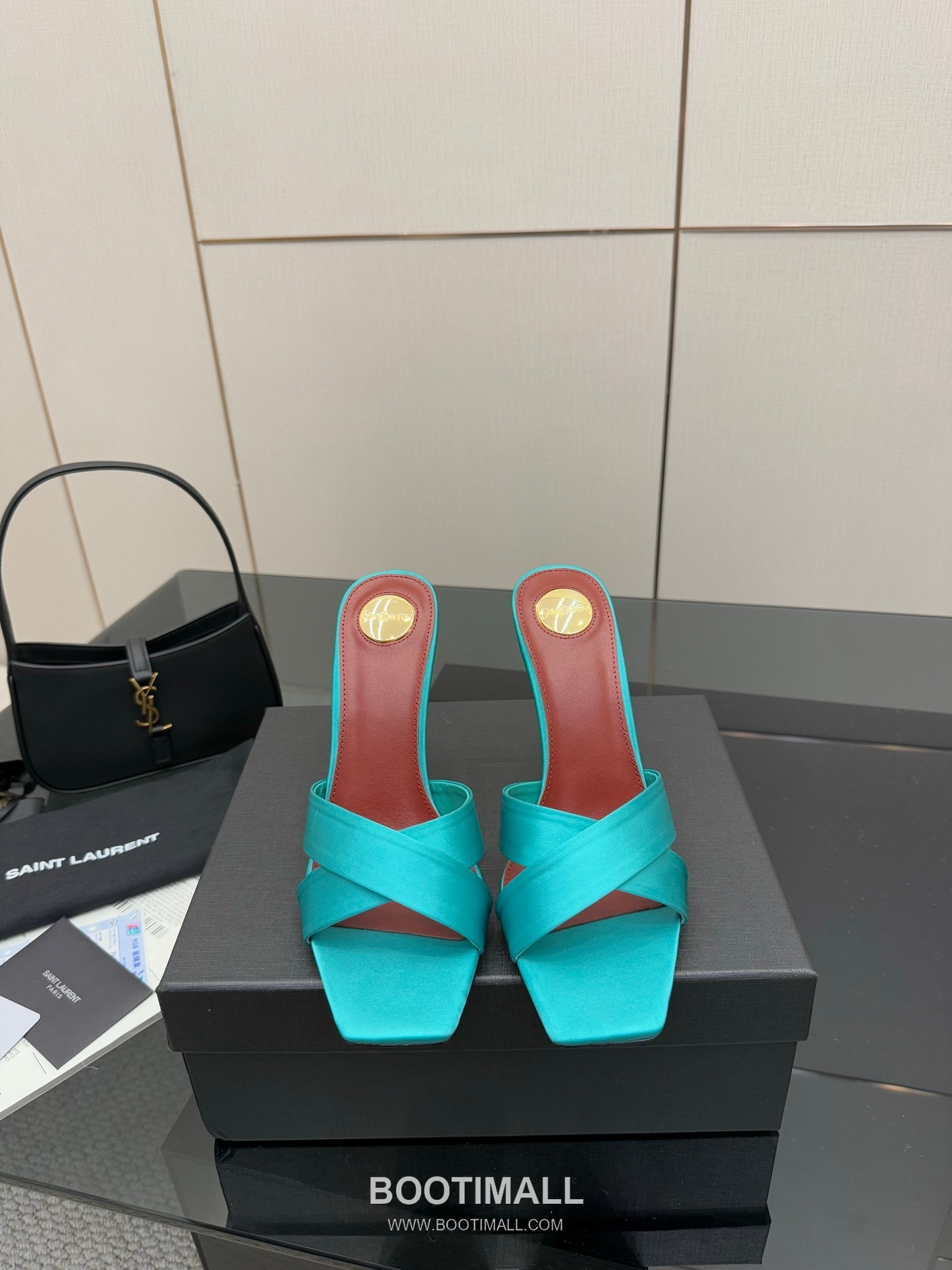 Saint Laurent YSL Logo Metallic Heel Silk Patent Leather Mule Sandals 생로랑 YSL 로고 메탈릭 힐 실크 페이턴트 레더 뮬 샌들 1