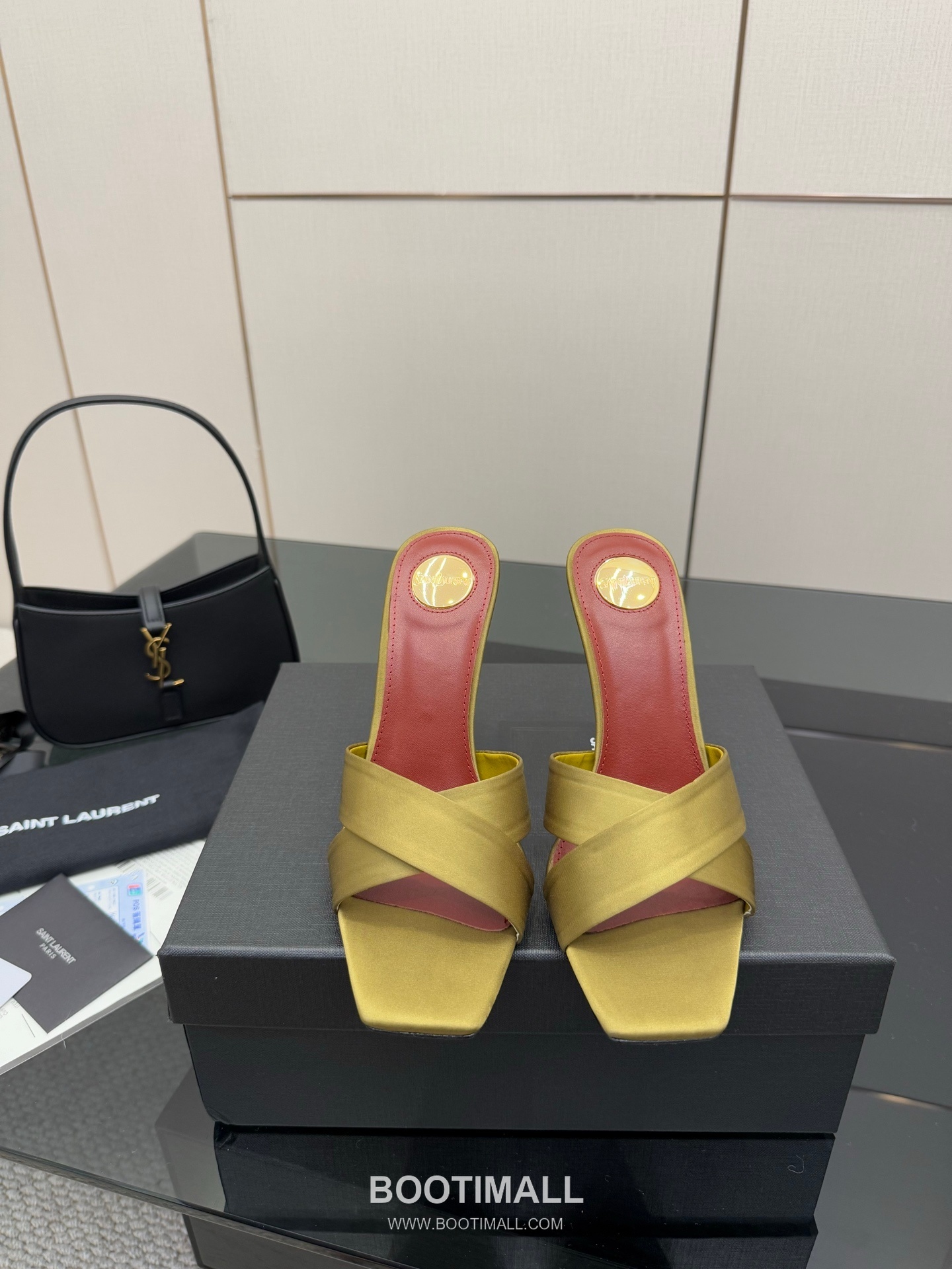 Saint Laurent YSL Logo Metallic Heel Silk Patent Leather Mule Sandals 생로랑 YSL 로고 메탈릭 힐 실크 페이턴트 레더 뮬 샌들 1