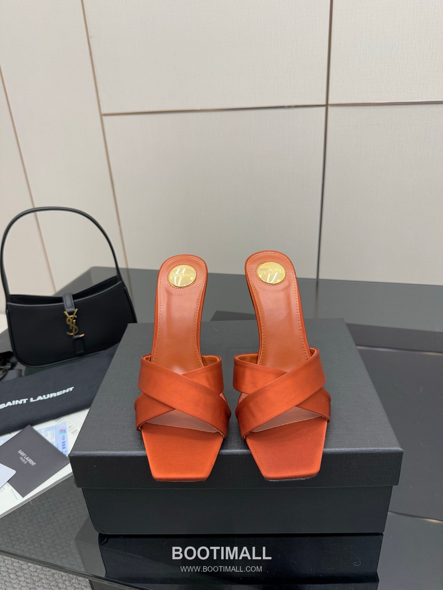 Saint Laurent YSL Logo Metallic Heel Silk Patent Leather Mule Sandals 생로랑 YSL 로고 메탈릭 힐 실크 페이턴트 레더 뮬 샌들 1