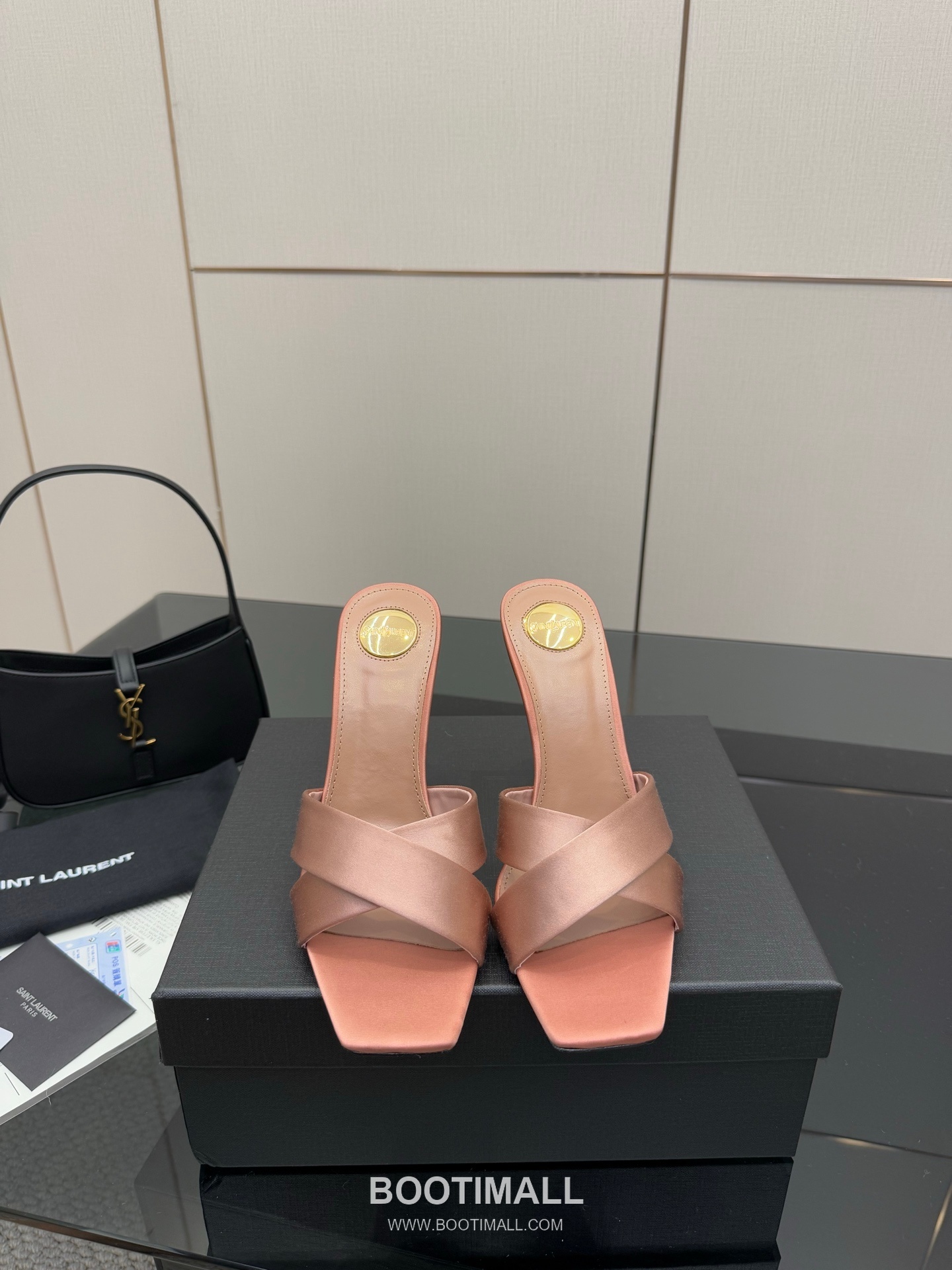 Saint Laurent YSL Logo Metallic Heel Silk Patent Leather Mule Sandals 생로랑 YSL 로고 메탈릭 힐 실크 페이턴트 레더 뮬 샌들 1