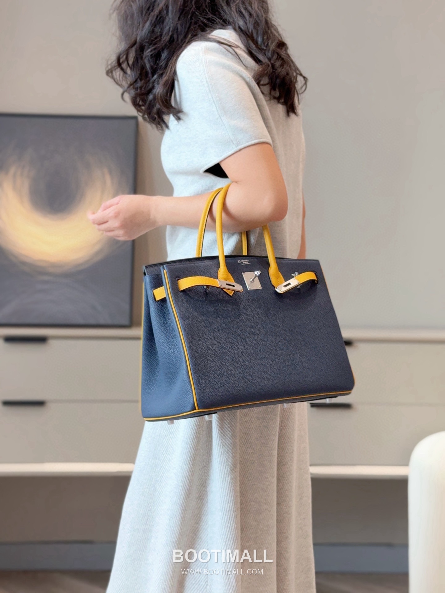 Hermes Birkin 25 Navy Blue Jaune Amber Togo Leather Handbag 에르메스 버킨 25 네이비 블루 존 앰버 토고 레더 핸드백 25cm 2