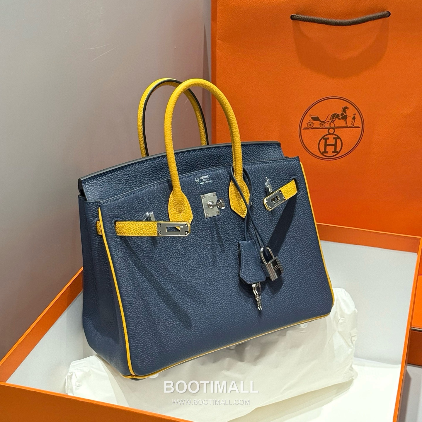 Hermes Birkin 25 Navy Blue Jaune Amber Togo Leather Handbag 에르메스 버킨 25 네이비 블루 존 앰버 토고 레더 핸드백 25cm 3