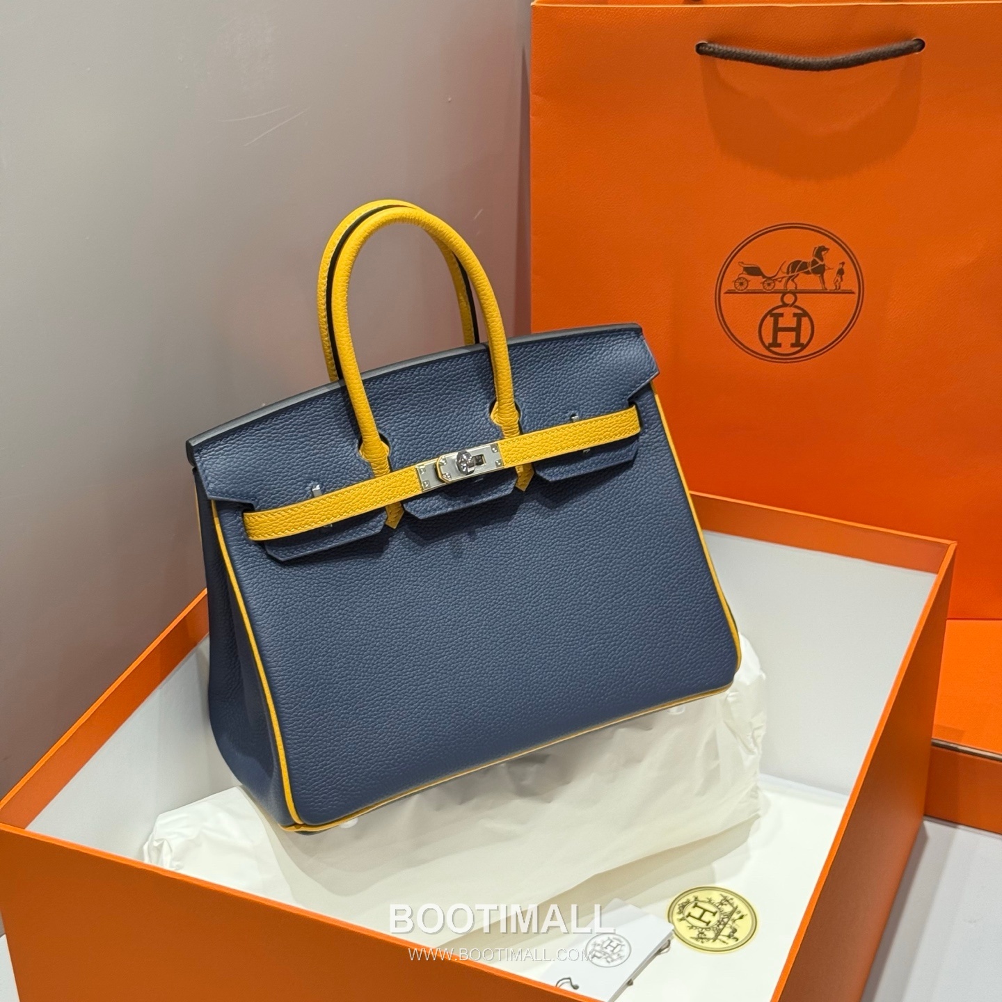 Hermes Birkin 25 Navy Blue Jaune Amber Togo Leather Handbag 에르메스 버킨 25 네이비 블루 존 앰버 토고 레더 핸드백 25cm 4