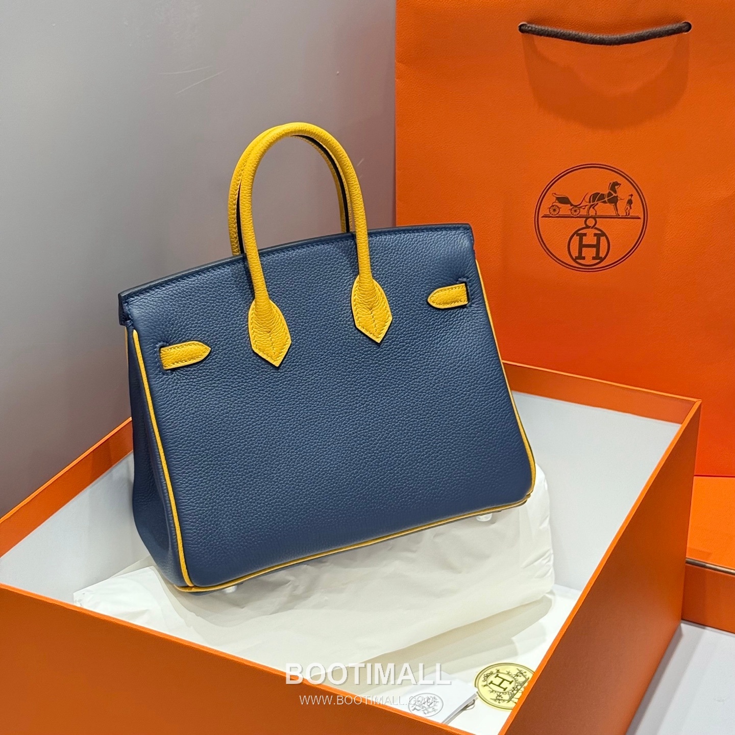 Hermes Birkin 25 Navy Blue Jaune Amber Togo Leather Handbag 에르메스 버킨 25 네이비 블루 존 앰버 토고 레더 핸드백 25cm 5