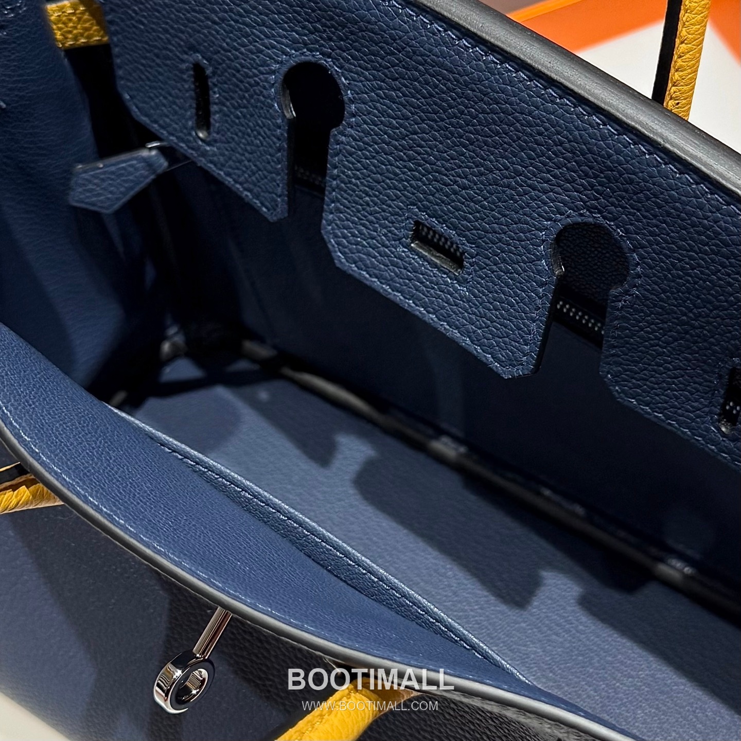 Hermes Birkin 25 Navy Blue Jaune Amber Togo Leather Handbag 에르메스 버킨 25 네이비 블루 존 앰버 토고 레더 핸드백 25cm 12