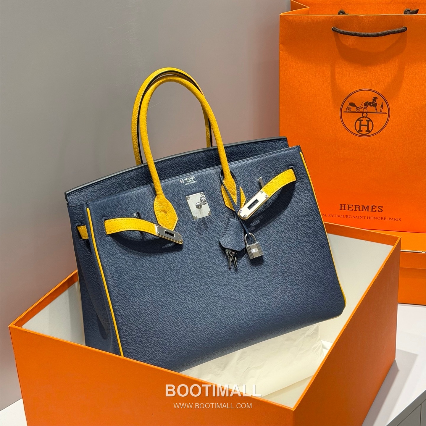 Hermes Birkin 30 Navy Blue Jaune Amber Togo Leather Handbag 에르메스 버킨 30 네이비블루 존앰버 토고 레더 핸드백 30cm 3