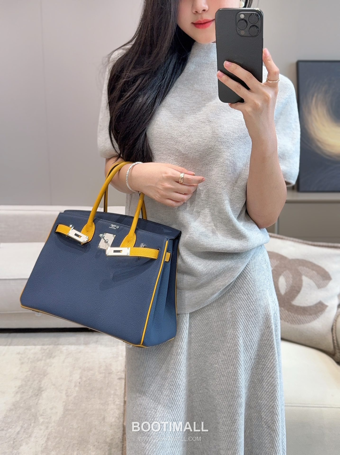 Hermes Birkin 30 Navy Blue Jaune Amber Togo Leather Handbag 에르메스 버킨 30 네이비블루 존앰버 토고 레더 핸드백 30cm 11