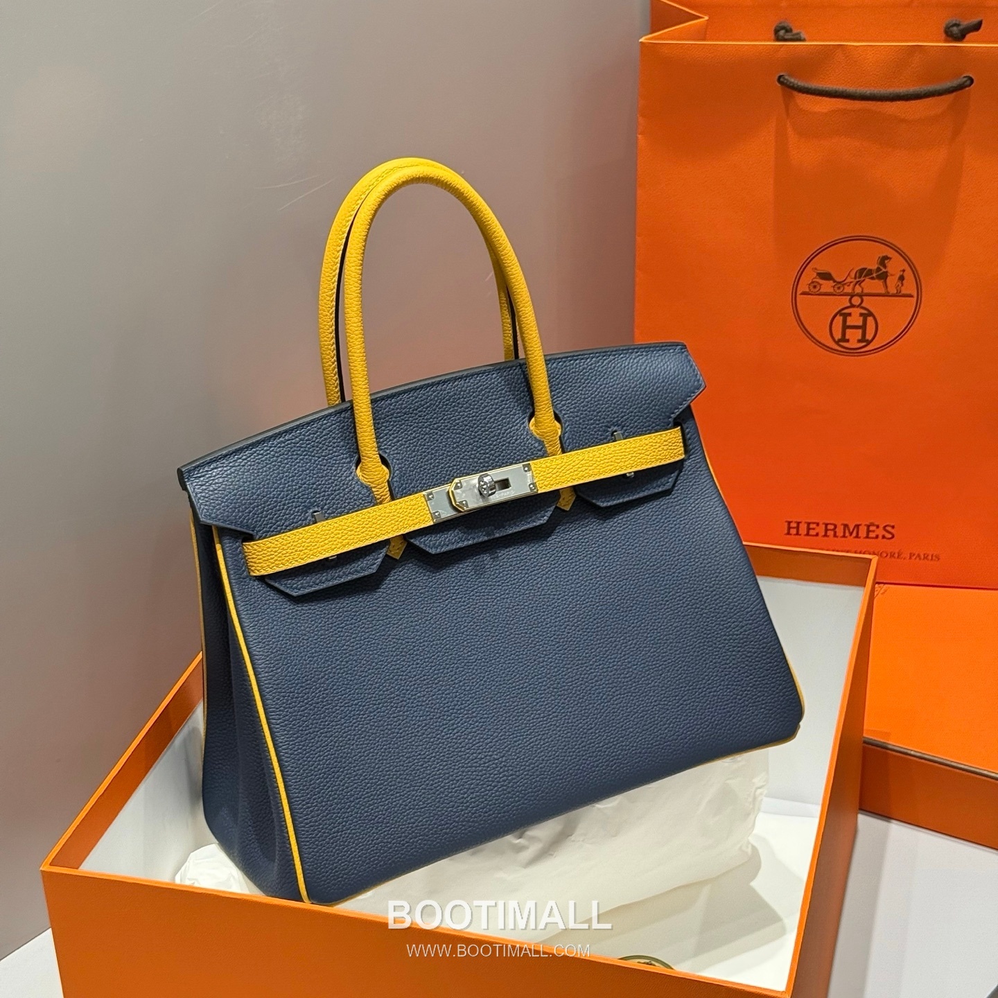 Hermes Birkin 30 Navy Blue Jaune Amber Togo Leather Handbag 에르메스 버킨 30 네이비블루 존앰버 토고 레더 핸드백 30cm 13