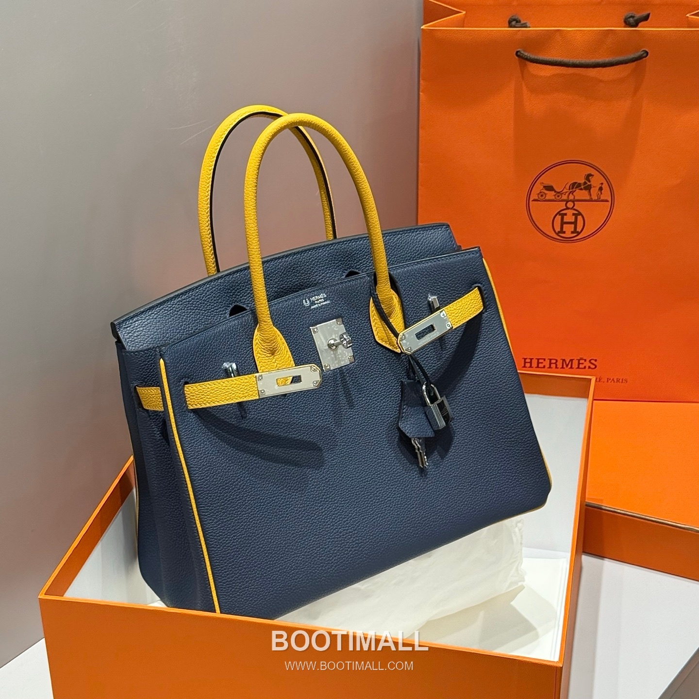 Hermes Birkin 30 Navy Blue Jaune Amber Togo Leather Handbag 에르메스 버킨 30 네이비블루 존앰버 토고 레더 핸드백 30cm 15