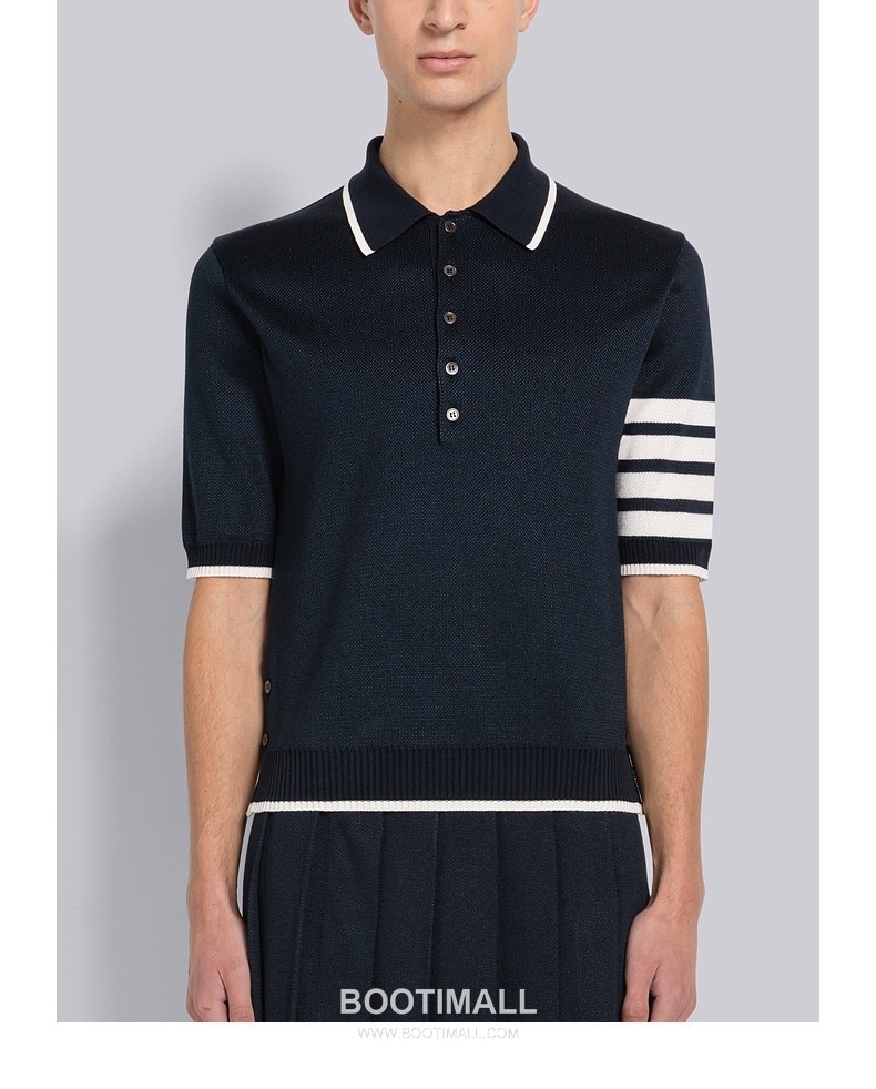 Thom Browne Four-Stripe Silk Short Sleeve Polo Shirt Mulberry Silk, Cotton Blend Gray, Navy, Blue, Mint Green Polo Shirt 4- 바 실크 반팔 폴로 셔츠 상급 실크, 코튼 혼방 그레이, 네이비, 블루, 민트 그린 폴로 셔츠 1