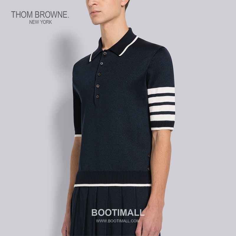 Thom Browne Four-Stripe Silk Short Sleeve Polo Shirt Mulberry Silk, Cotton Blend Gray, Navy, Blue, Mint Green Polo Shirt 4- 바 실크 반팔 폴로 셔츠 상급 실크, 코튼 혼방 그레이, 네이비, 블루, 민트 그린 폴로 셔츠 2