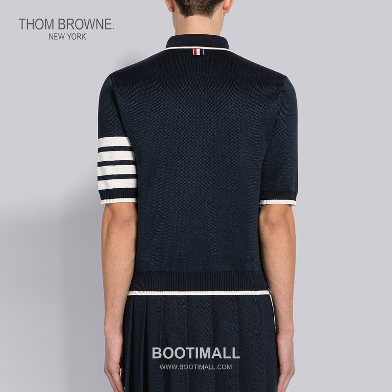 Thom Browne Four-Stripe Silk Short Sleeve Polo Shirt Mulberry Silk, Cotton Blend Gray, Navy, Blue, Mint Green Polo Shirt 4- 바 실크 반팔 폴로 셔츠 상급 실크, 코튼 혼방 그레이, 네이비, 블루, 민트 그린 폴로 셔츠 3