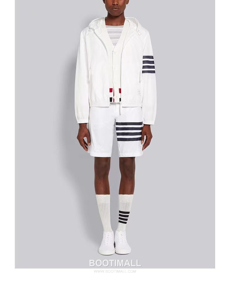Thom Browne Four-Stripe Mesh Zip Hooded Jacket Nylon, Cotton Gray, Navy, White Jacket 4 줄 스트라이프 메쉬 지퍼 후드 자켓 나일론, 코튼 그레이, 네이비, 화이트 자켓 4