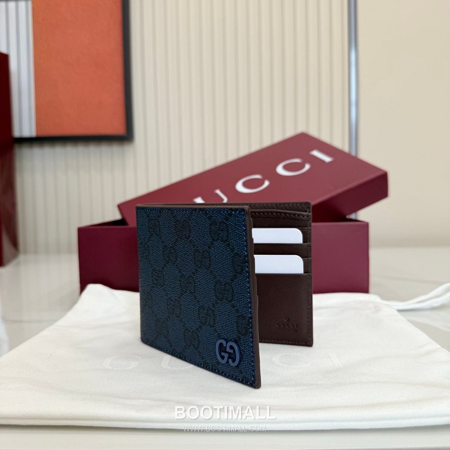 Gucci 768243 GG Supreme Canvas Blue/Burgundy Bifold Wallet 구찌 768243 GG 수프림 캔버스 블루/버건디 반지갑 11cm 3
