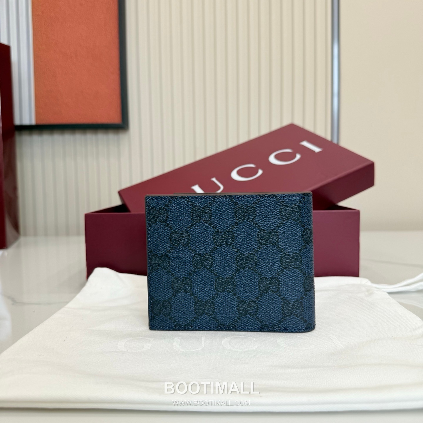 Gucci 768243 GG Supreme Canvas Blue/Burgundy Bifold Wallet 구찌 768243 GG 수프림 캔버스 블루/버건디 반지갑 11cm 4