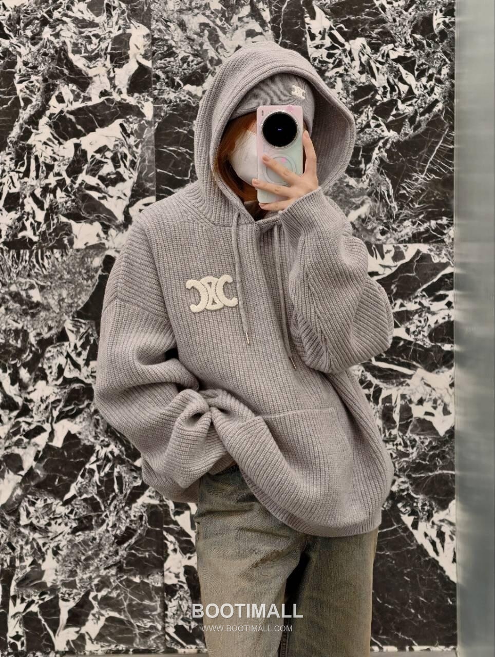 Celine Embroidered Logo Knit Hoodie Knit Gray Hoodie 셀린느 자수 로고 니트 후드 니트 그레이 후드 S, M, L, XL 2