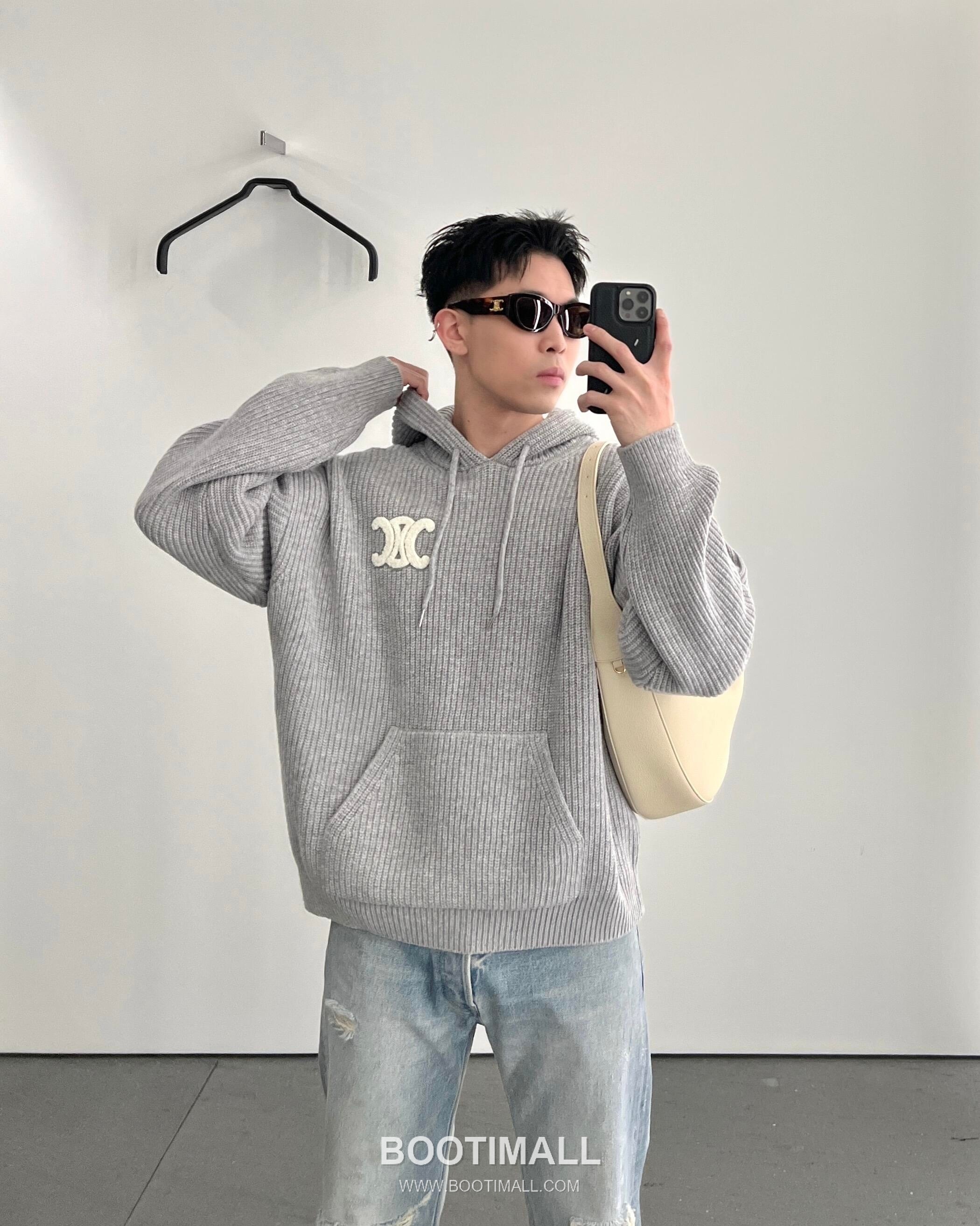 Celine Embroidered Logo Knit Hoodie Knit Gray Hoodie 셀린느 자수 로고 니트 후드 니트 그레이 후드 S, M, L, XL 3