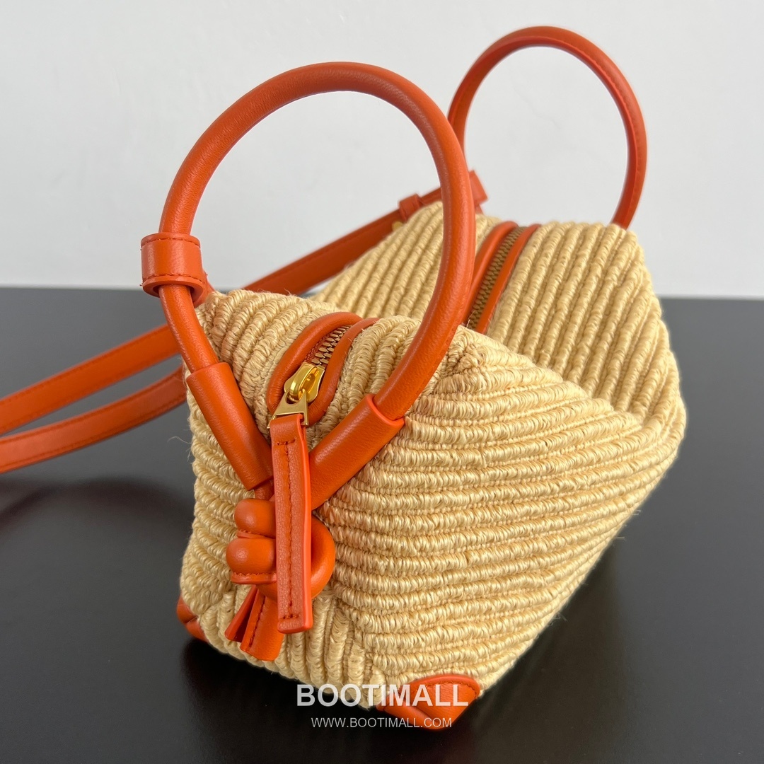 Bottega Veneta Loop Straw Bag Raffia & Calfskin Orange Shoulder Bag 보테가 베네타 루프 라피아 백 라피아 & 카프스킨 오렌지 숄더백 19cm 6