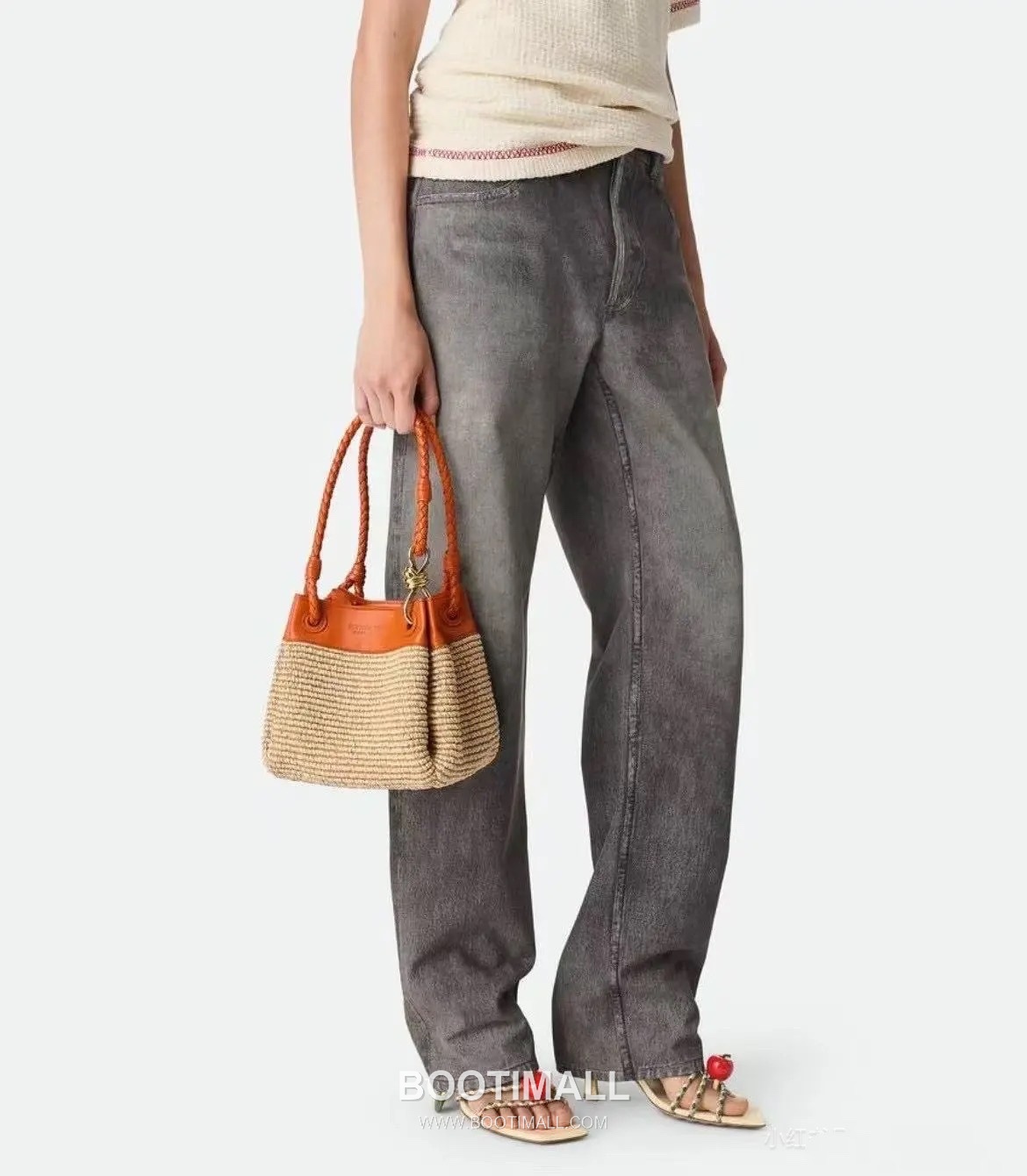 Bottega Veneta Parachute Bag Leather, Nylon Raffia Orange Shoulder Bag 보테가 베네타 파라슈트 백 가죽, 나일론 라피아 오렌지 숄더백 21cm 1