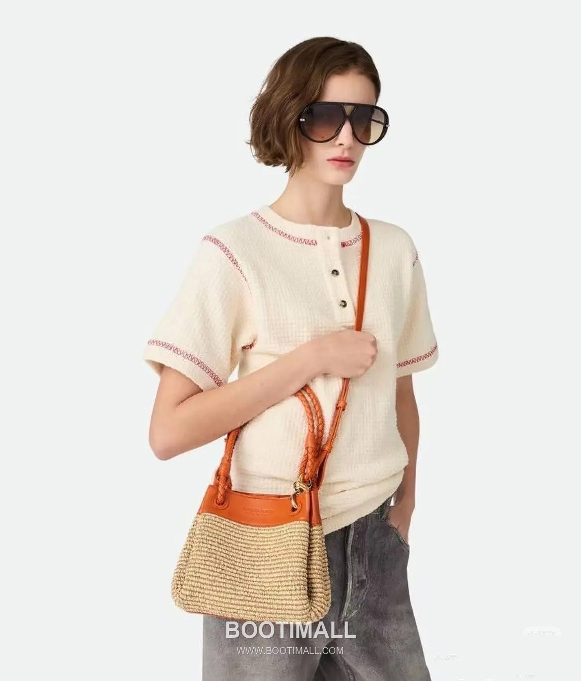 Bottega Veneta Parachute Bag Leather, Nylon Raffia Orange Shoulder Bag 보테가 베네타 파라슈트 백 가죽, 나일론 라피아 오렌지 숄더백 21cm 2