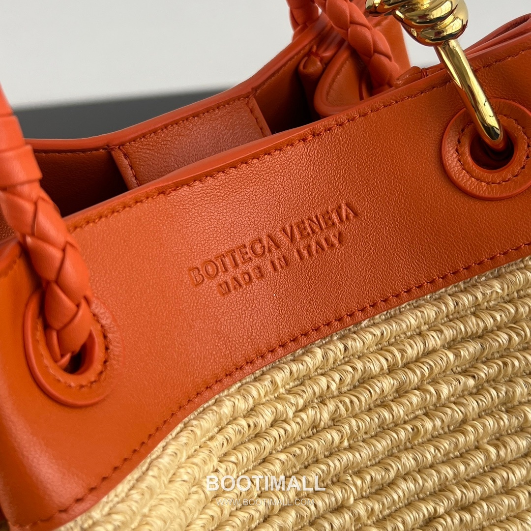 Bottega Veneta Parachute Bag Leather, Nylon Raffia Orange Shoulder Bag 보테가 베네타 파라슈트 백 가죽, 나일론 라피아 오렌지 숄더백 21cm 12