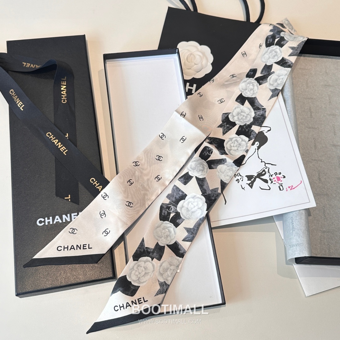 Hermes Camellia Twilly Silk Black Hair Scarf 에르메스 까멜리아 트윌리 실크 블랙 헤어 스카프 4