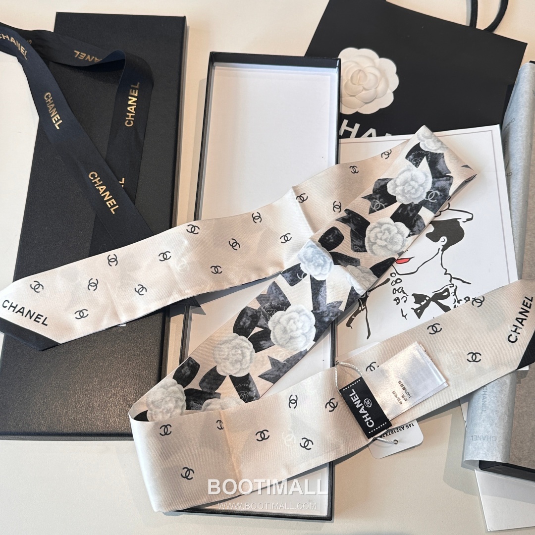 Hermes Camellia Twilly Silk Black Hair Scarf 에르메스 까멜리아 트윌리 실크 블랙 헤어 스카프 5