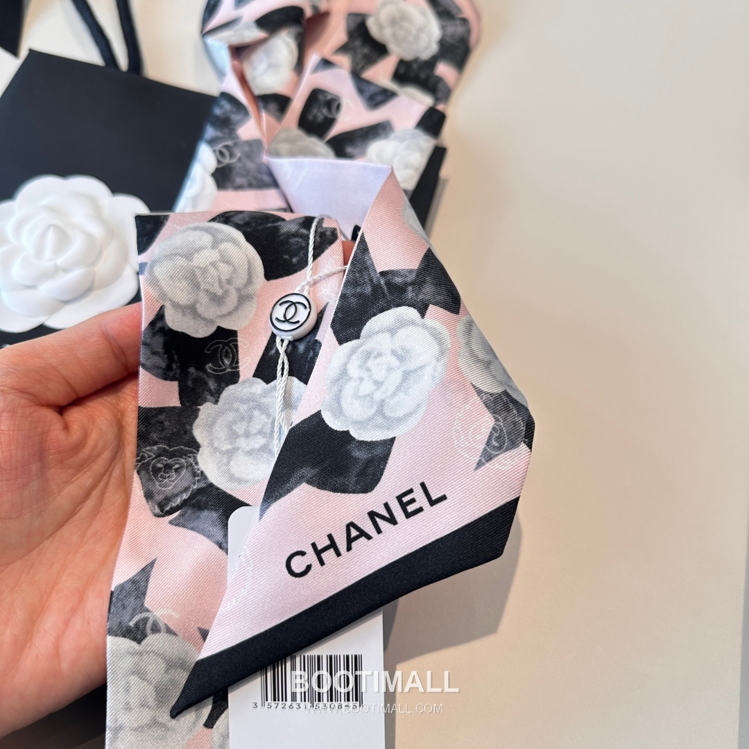 Hermes Camellia Twilly Silk Black Hair Scarf 에르메스 까멜리아 트윌리 실크 블랙 헤어 스카프 8