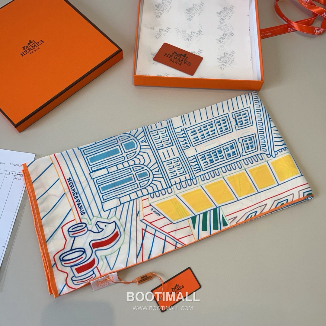 Hermes Fubao City 90 Silk Black Scarf 에르메스 푸바오의 도시 90 실크 블랙 스카프 90×90cm 7