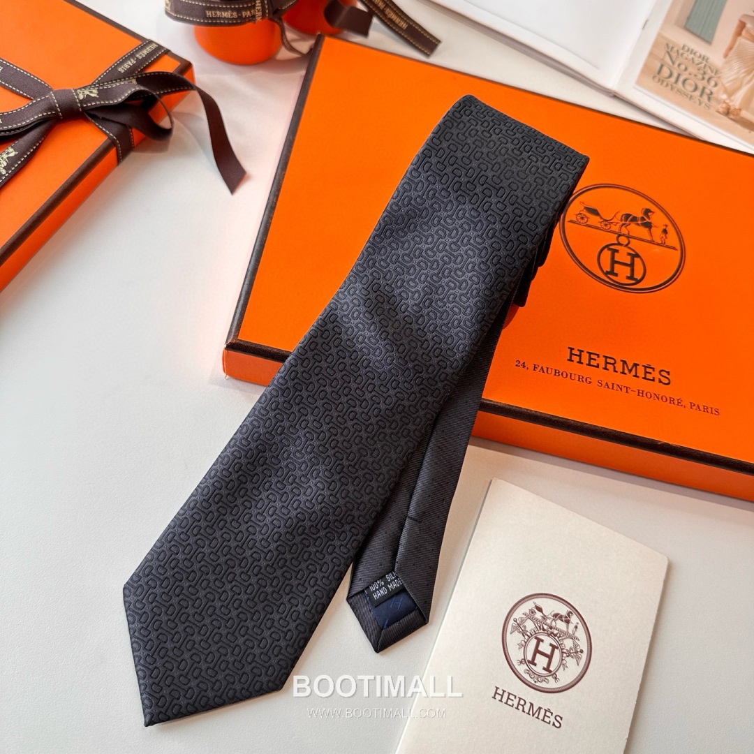 Hermes Men's Tie Silk Twill Black 에르메스 남성 넥타이 실크 트윌 블랙 7