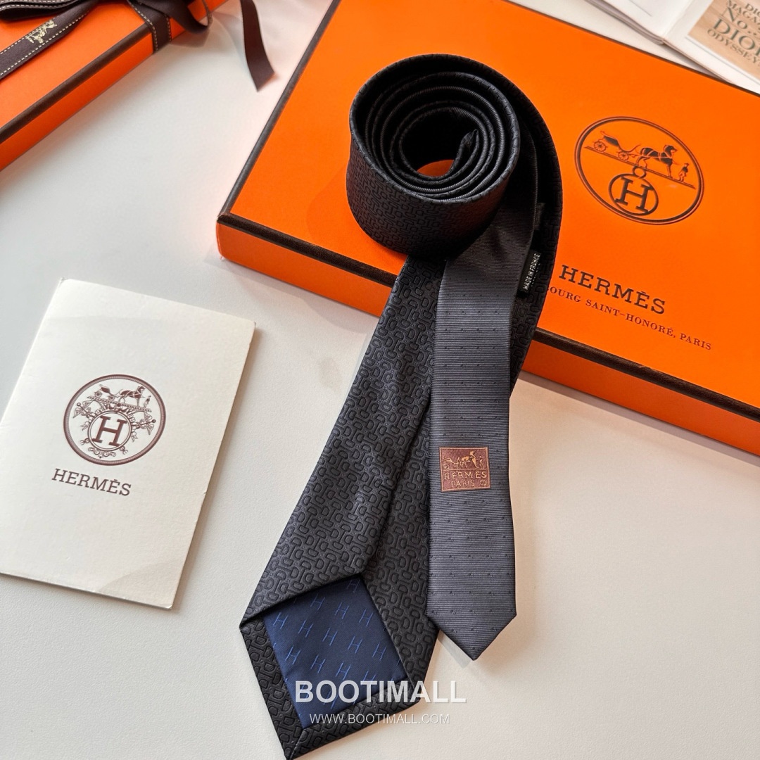 Hermes Men's Tie Silk Twill Black 에르메스 남성 넥타이 실크 트윌 블랙 8