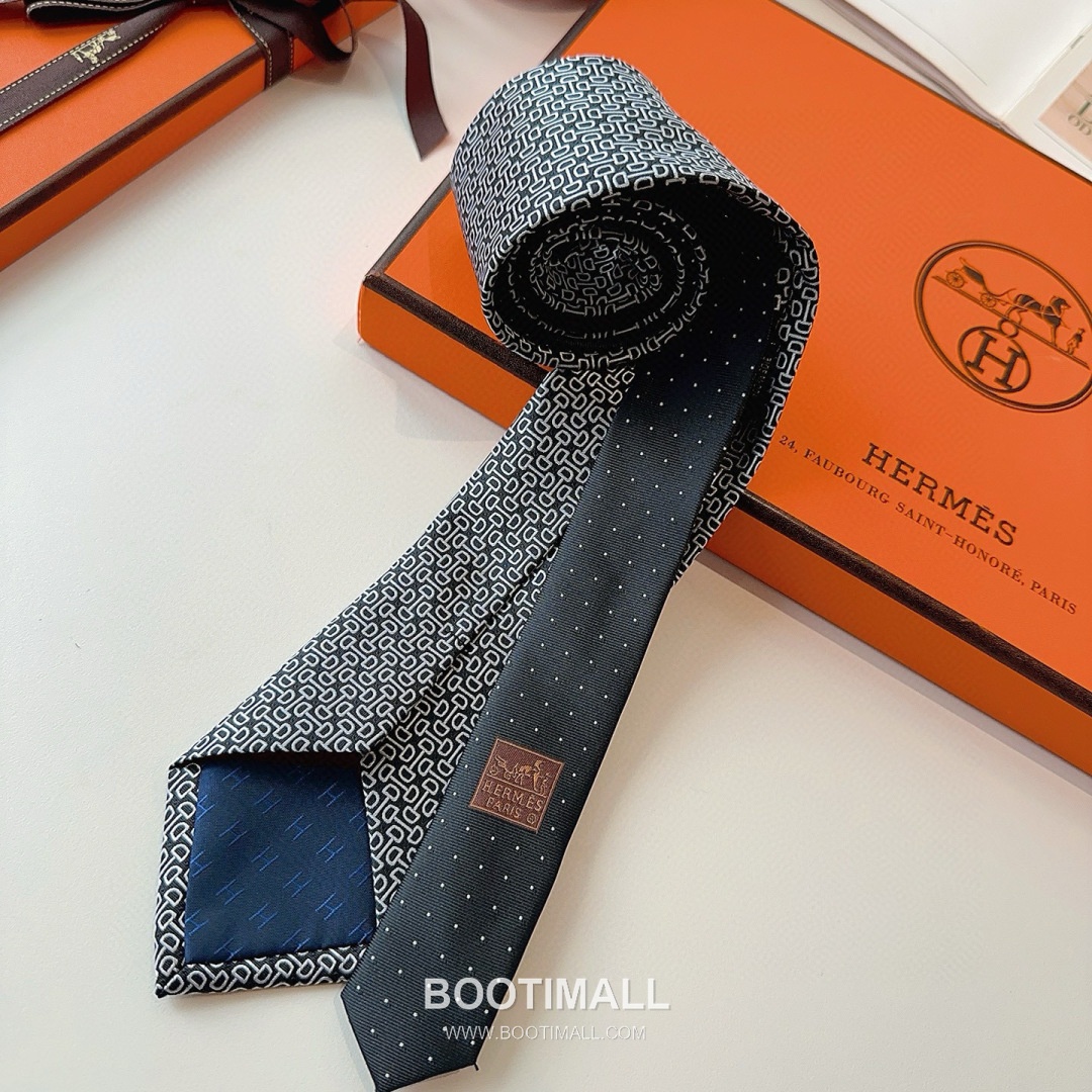 Hermes Men's Tie Silk Twill Black 에르메스 남성 넥타이 실크 트윌 블랙 7