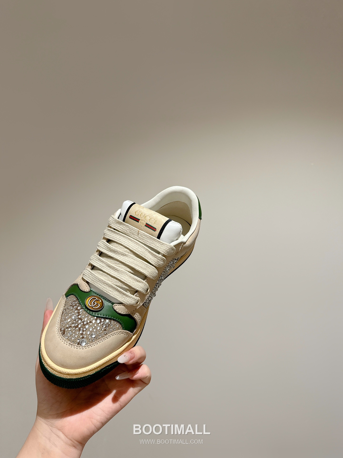 Gucci GG Vintage Sneaker Leather, Swarovski Crystal, TPU Sole Beige Shoes 구찌 GG 빈티지 스니커즈 가죽, 스와로브스키 크리스탈, TPU 밑창 베이지 신발 Women 35-40 2