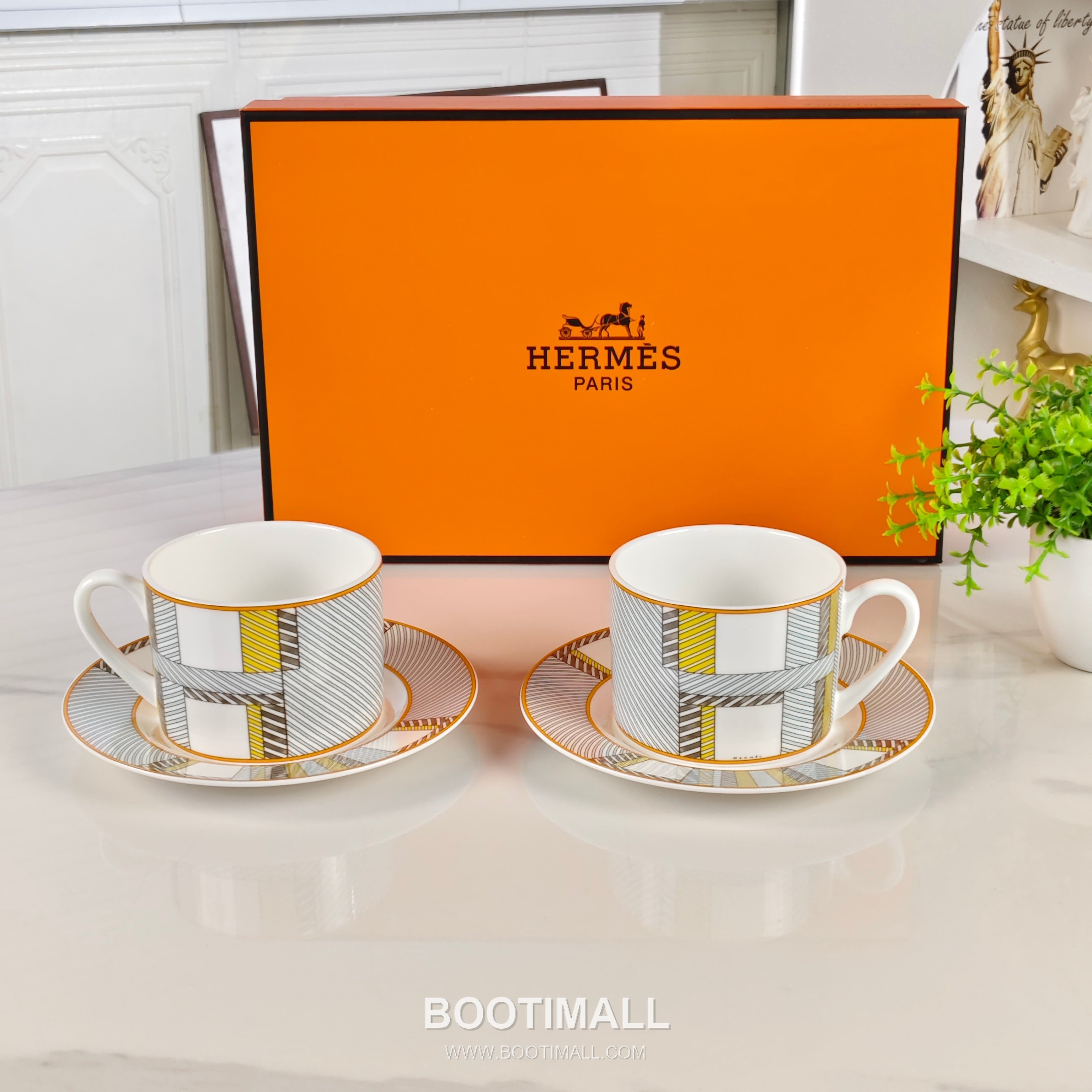 Hermes Geometric Line Double Cup Saucer Orange Tableware 에르메스 기하선 더블 컵 소서 오렌지 테이블웨어 3