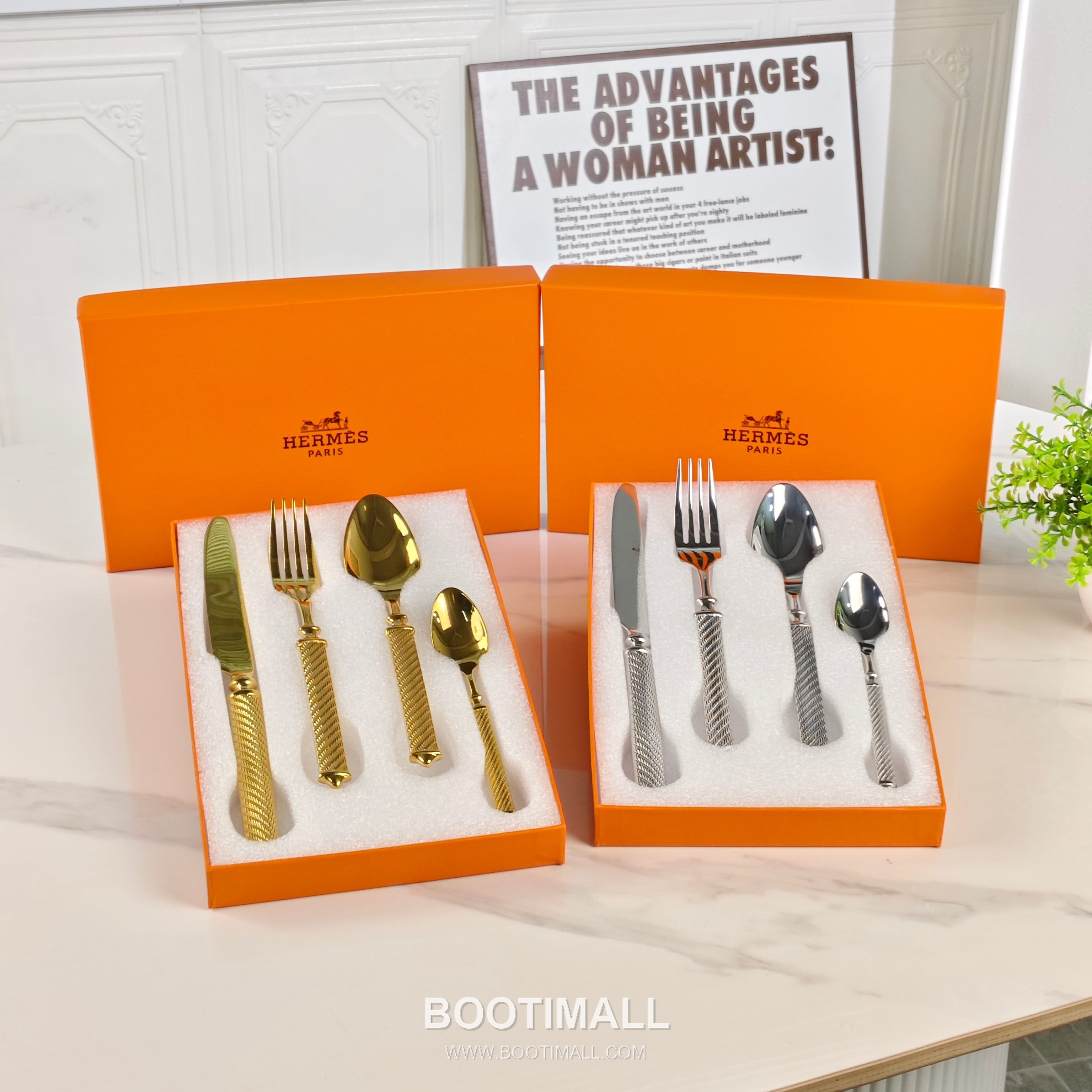 Hermes Ribbed Cutlery Set Gold Acc 에르메스 리브드 커틀러리 세트 골드 액세서리 Small Spoon: 14cm, Large Spoon: 20.5cm, Fork: 21cm, Knife: 24.5cm, Box: 26.5cm x 16.5cm x 3cm 7