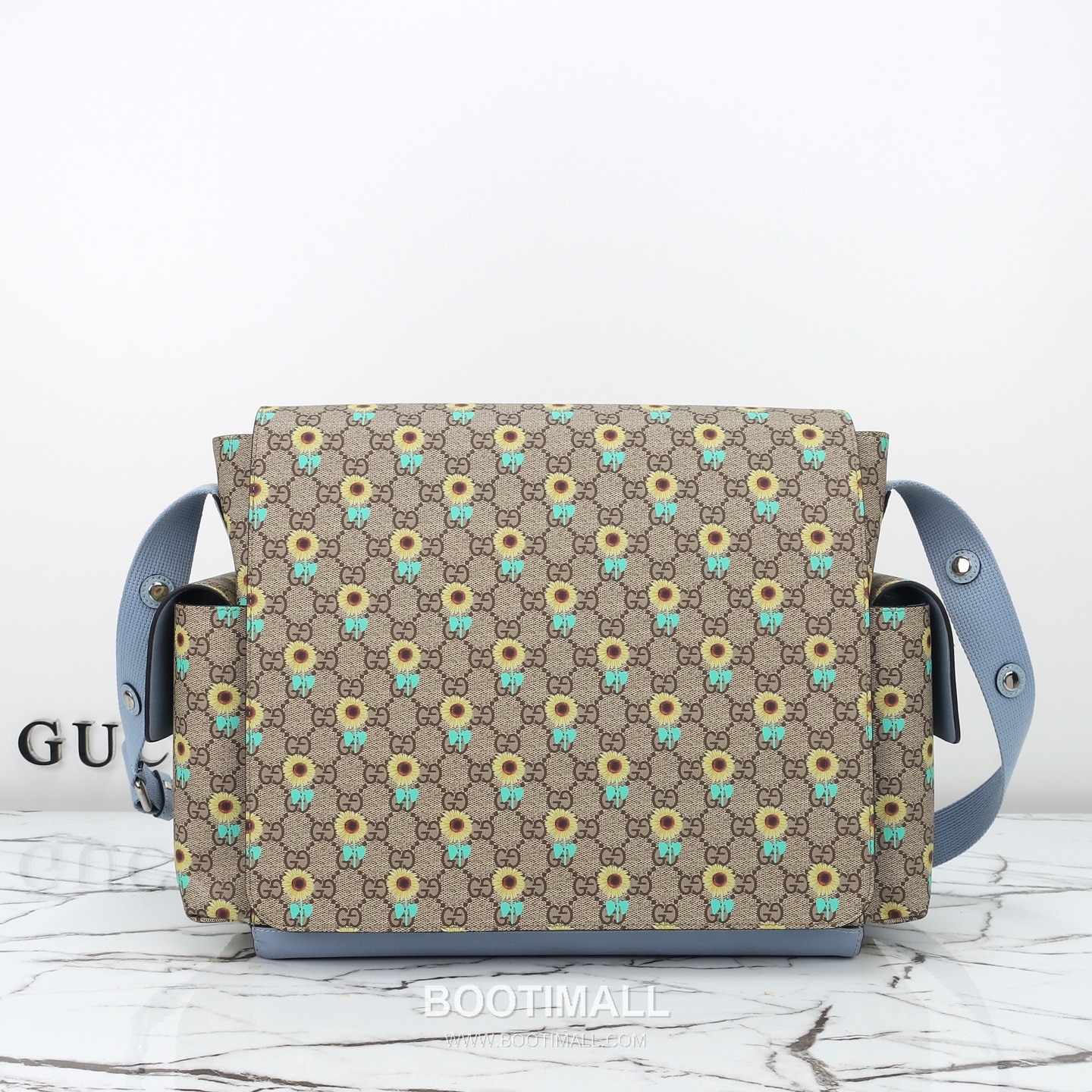 Gucci Sunflower GG Messenger Canvas with Leather Trim Light Blue Messenger Bag 구찌 해바라기 GG 메신저 캔버스와 레더 트림 라이트블루 메신저백 45cm 1