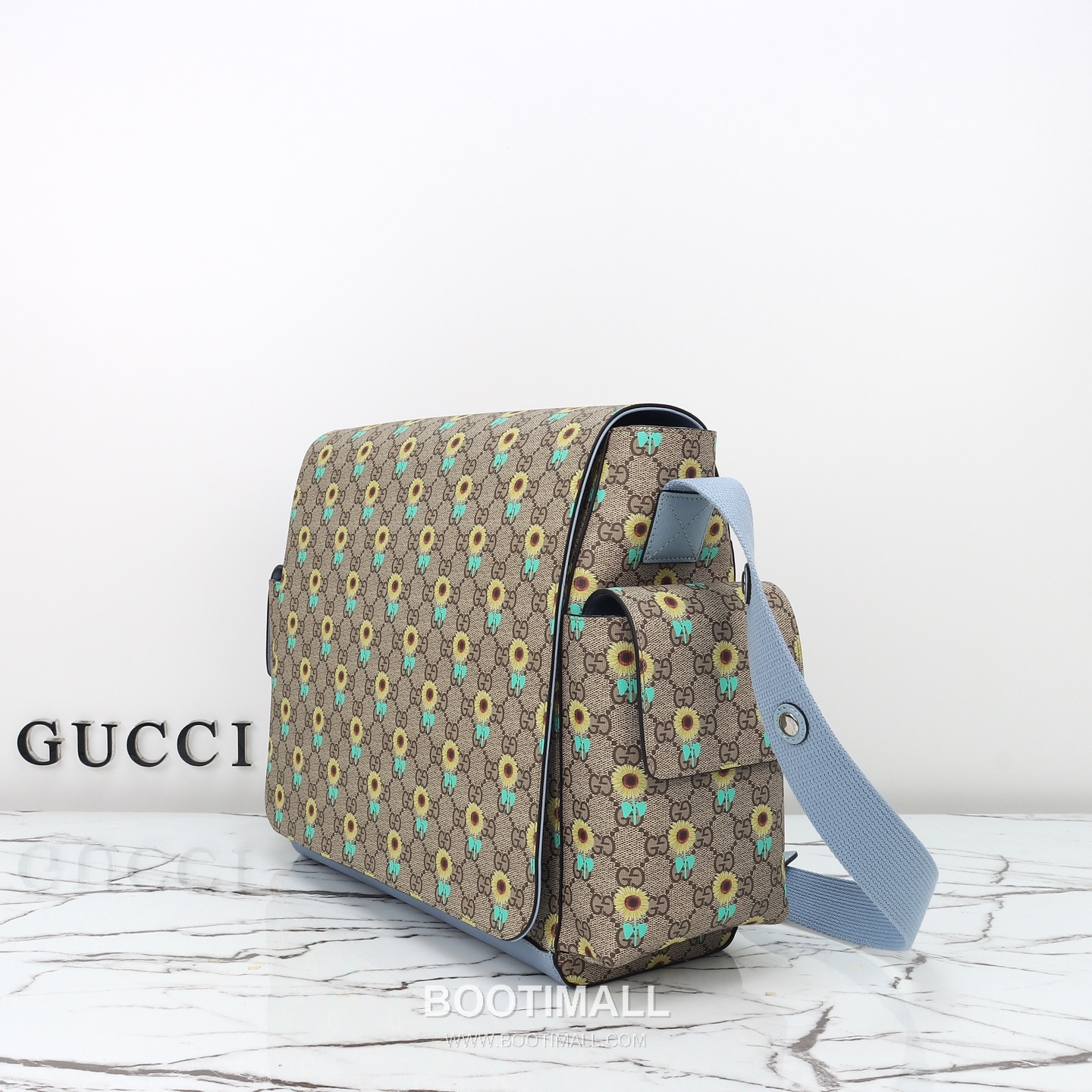 Gucci Sunflower GG Messenger Canvas with Leather Trim Light Blue Messenger Bag 구찌 해바라기 GG 메신저 캔버스와 레더 트림 라이트블루 메신저백 45cm 2