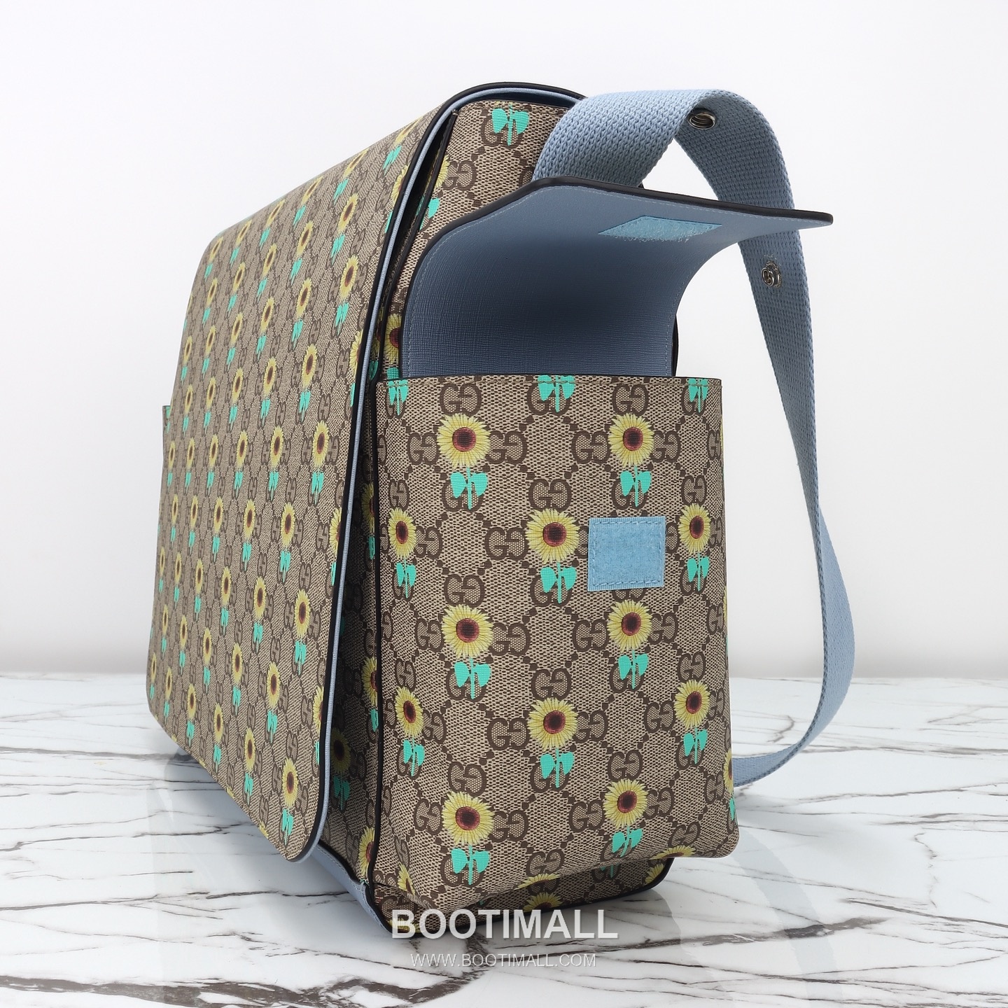 Gucci Sunflower GG Messenger Canvas with Leather Trim Light Blue Messenger Bag 구찌 해바라기 GG 메신저 캔버스와 레더 트림 라이트블루 메신저백 45cm 5