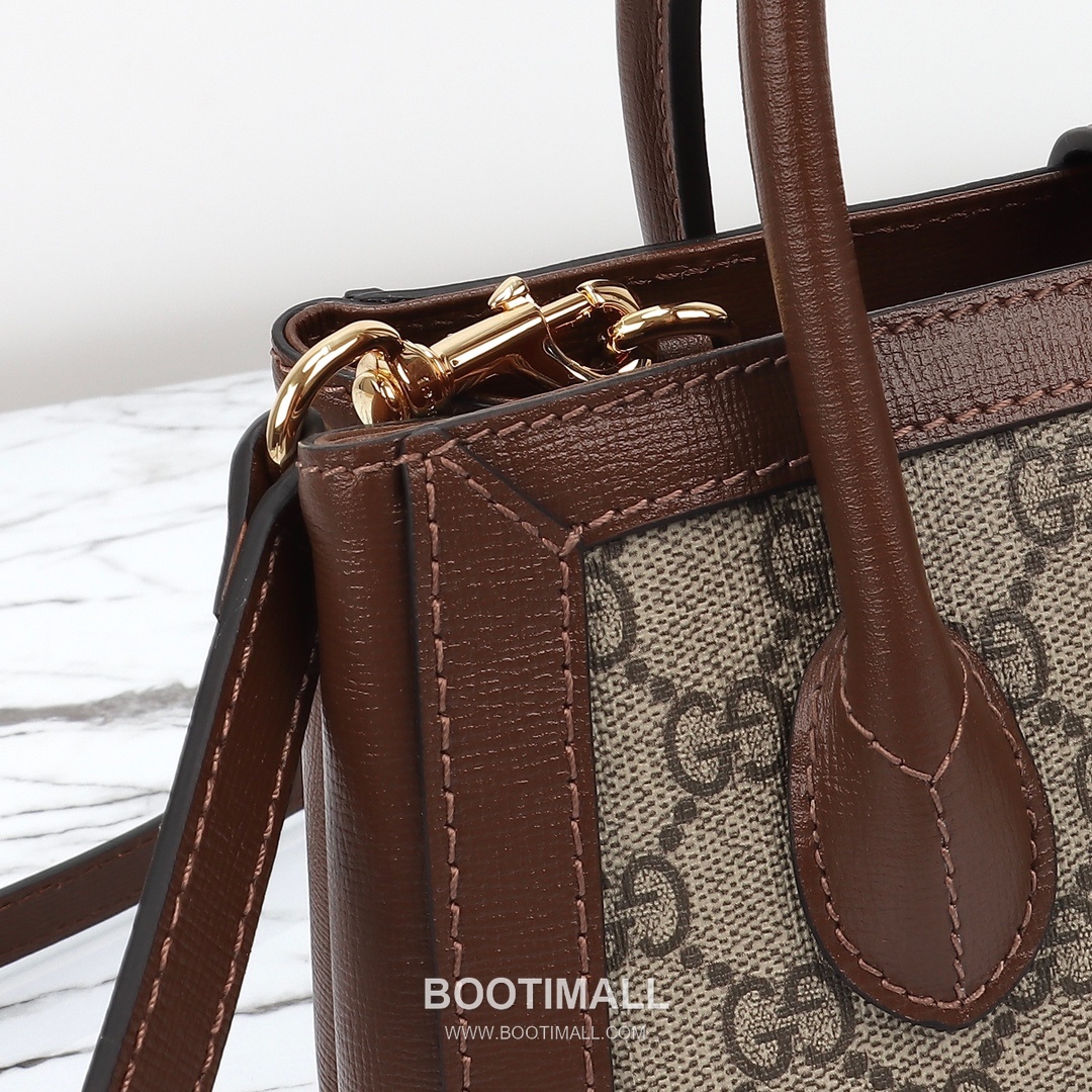 Gucci GG Supreme Web Mini GG Supreme Canvas and Calfskin Brown Top Handle Bag 구찌 GG 수프림 웹 미니 GG 수프림 캔버스와 카프스킨 브라운 탑핸들백 24cm 9