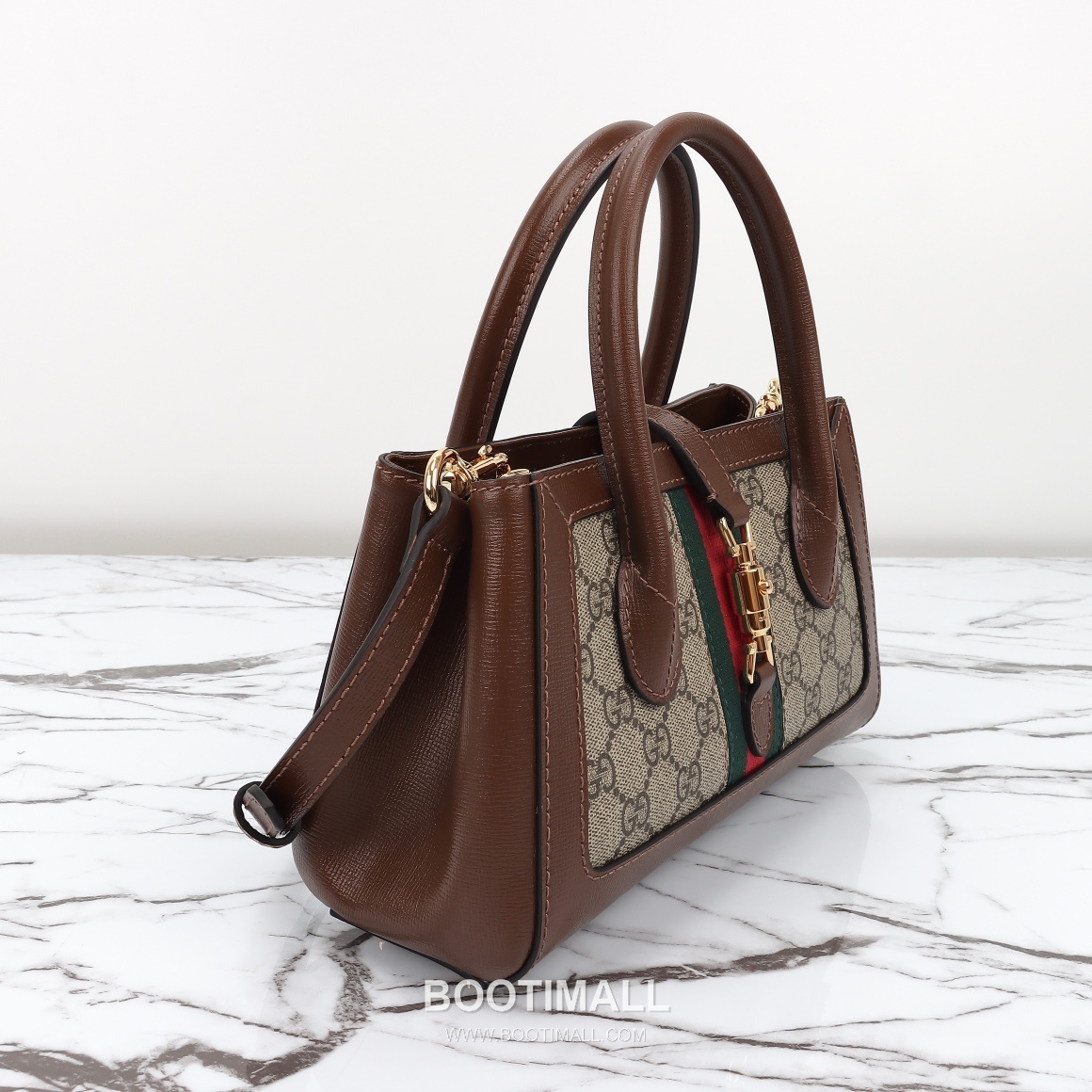 Gucci GG Supreme Web Mini GG Supreme Canvas and Calfskin Brown Top Handle Bag 구찌 GG 수프림 웹 미니 GG 수프림 캔버스와 카프스킨 브라운 탑핸들백 24cm 10